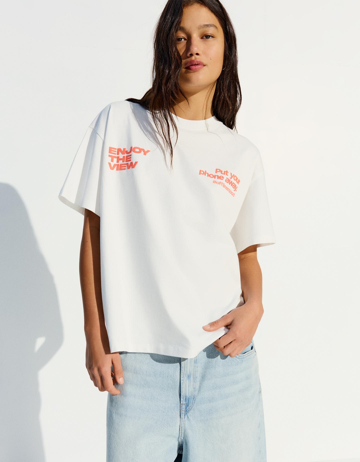 Bershka Maglietta A Maniche Corte Stampata Donna S Bianco Roto