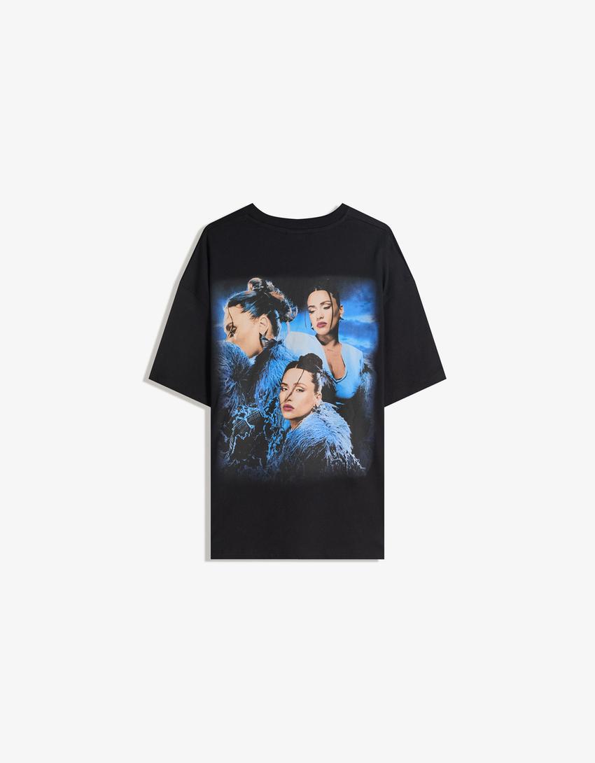 Lia Kali mahuka motzeko kamiseta, oversize eta estanpatua-Beltza