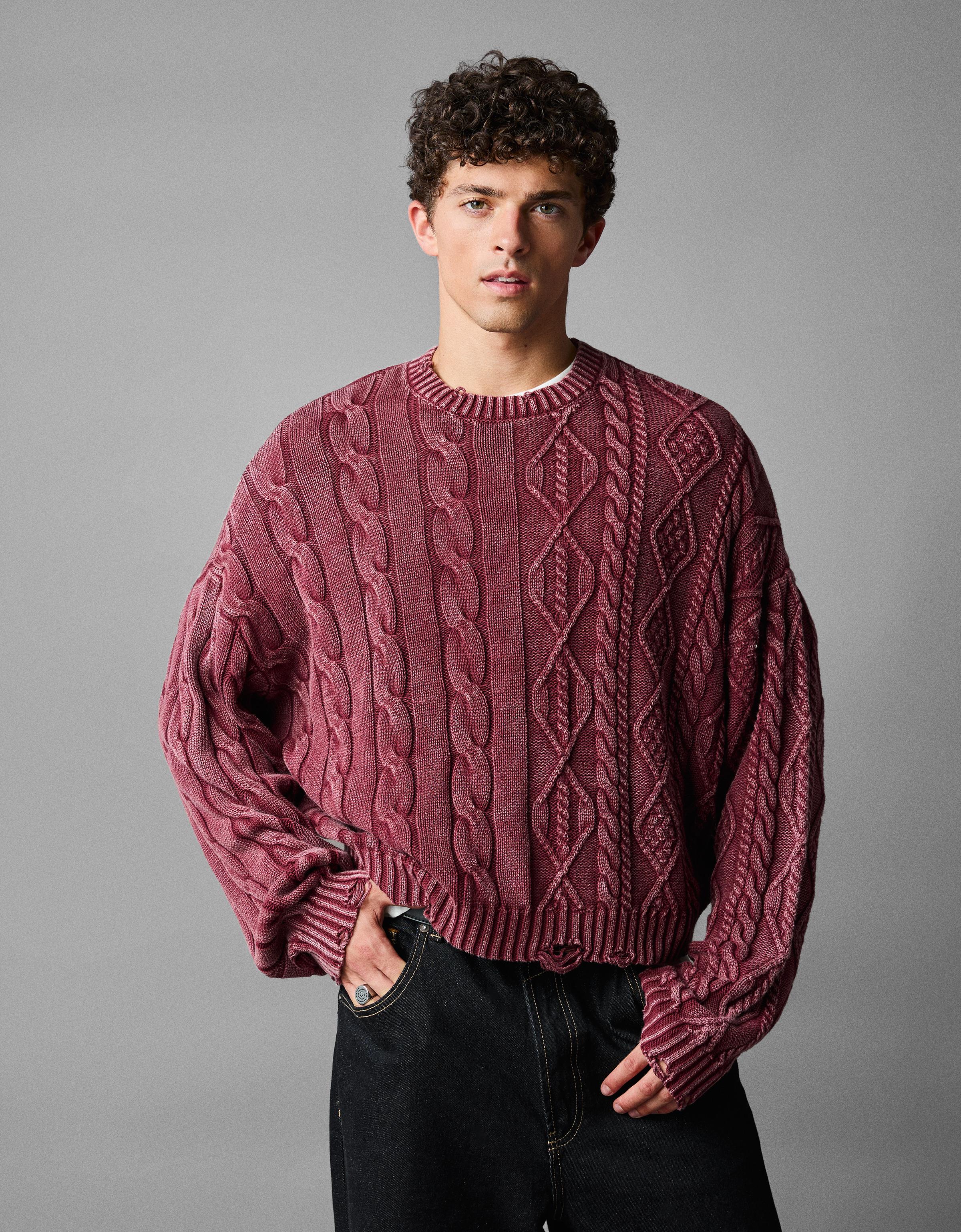 Bershka Jersey Trenzado Efecto Lavado Hombre L Granate