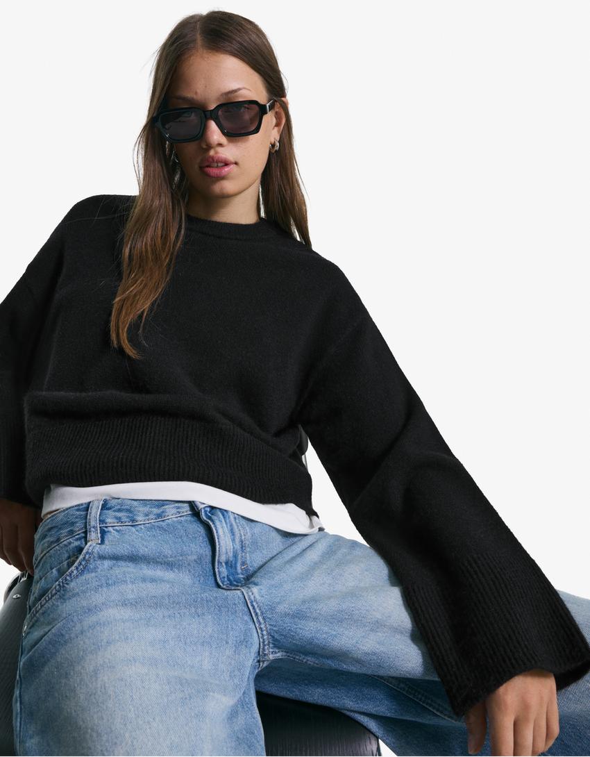 Oversized trui met ribcord zoom-Zwart-0