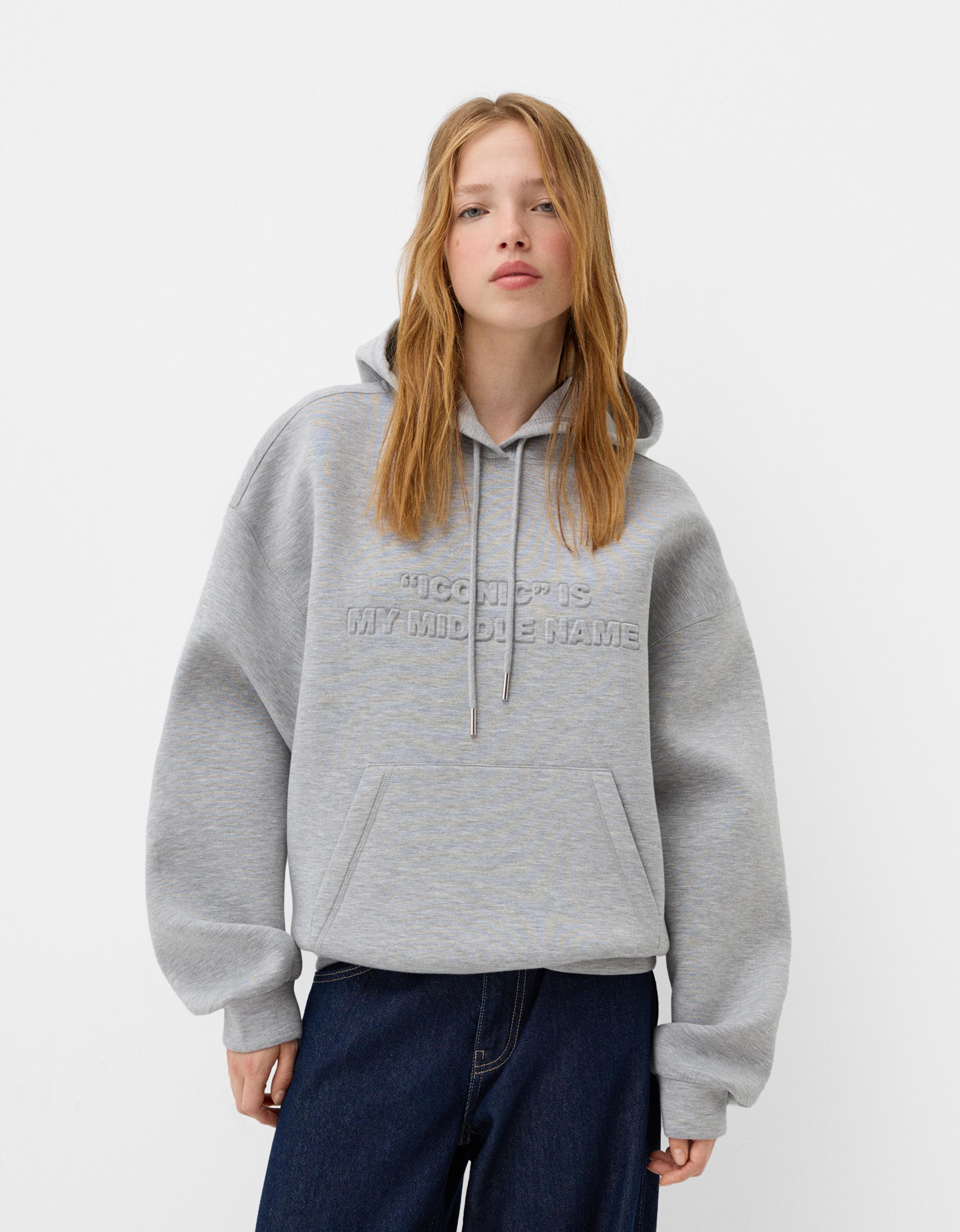 Bershka Hoodie Mit Kapuze Und Relief-Print Damen M Grau