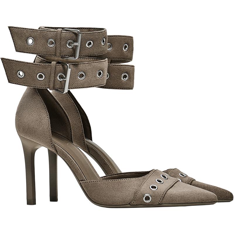 MULTI-BUCKLE ANKLE STRAP HEELS — SAND