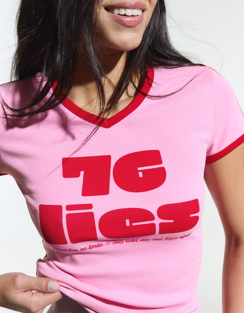 Camiseta manga corta contraste print-Rosa