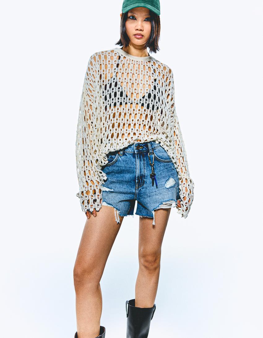 Shorts in denim strappati-Azzurro-2