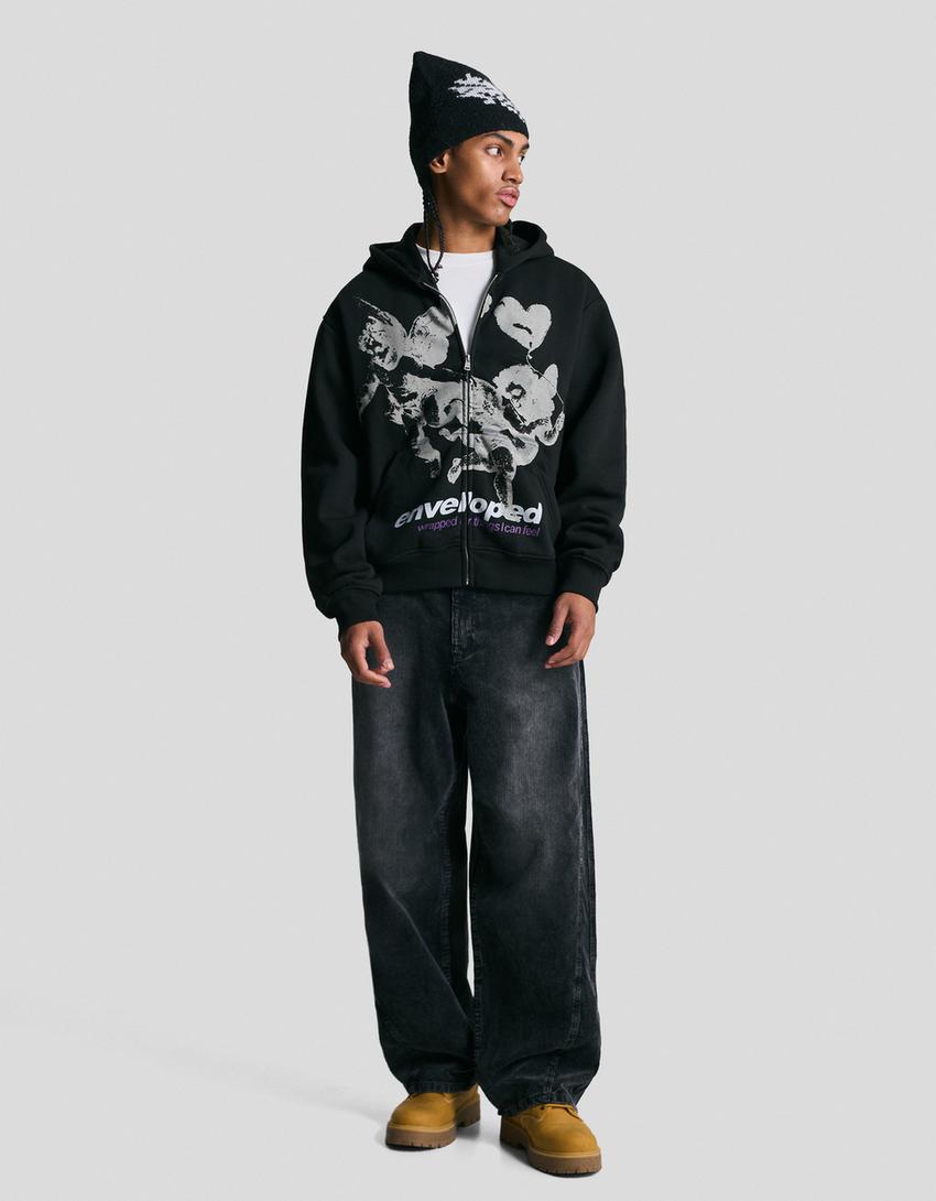 Sweatshirt fecho de correr capuz estampado-Preto