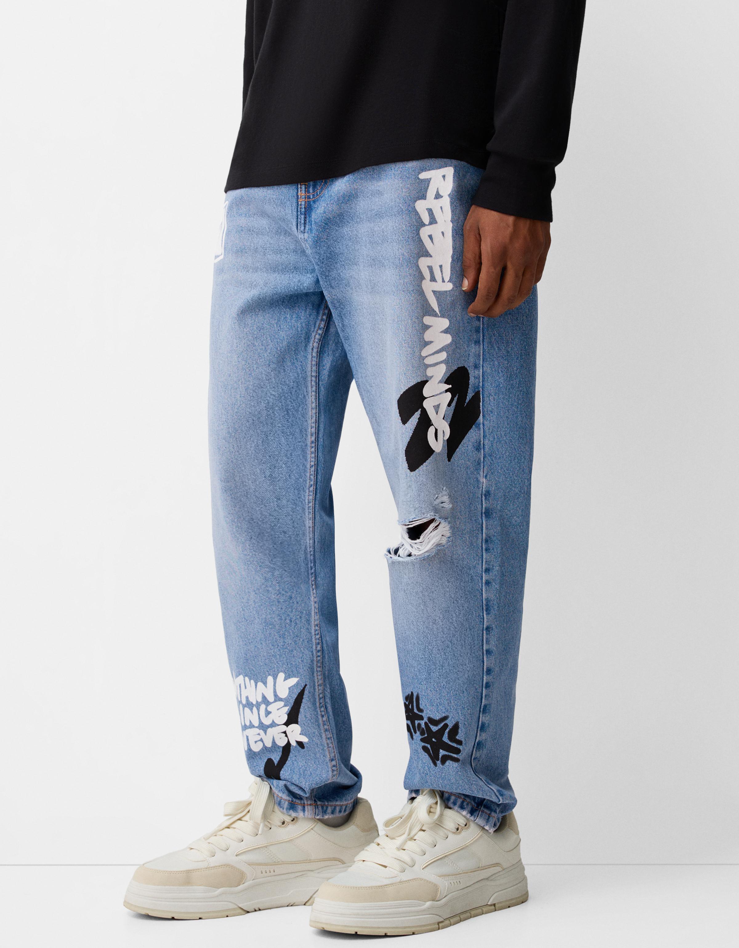 Bershka Loose Fit Jeans Mit Print Herren 38 Ausgewaschenes Blau