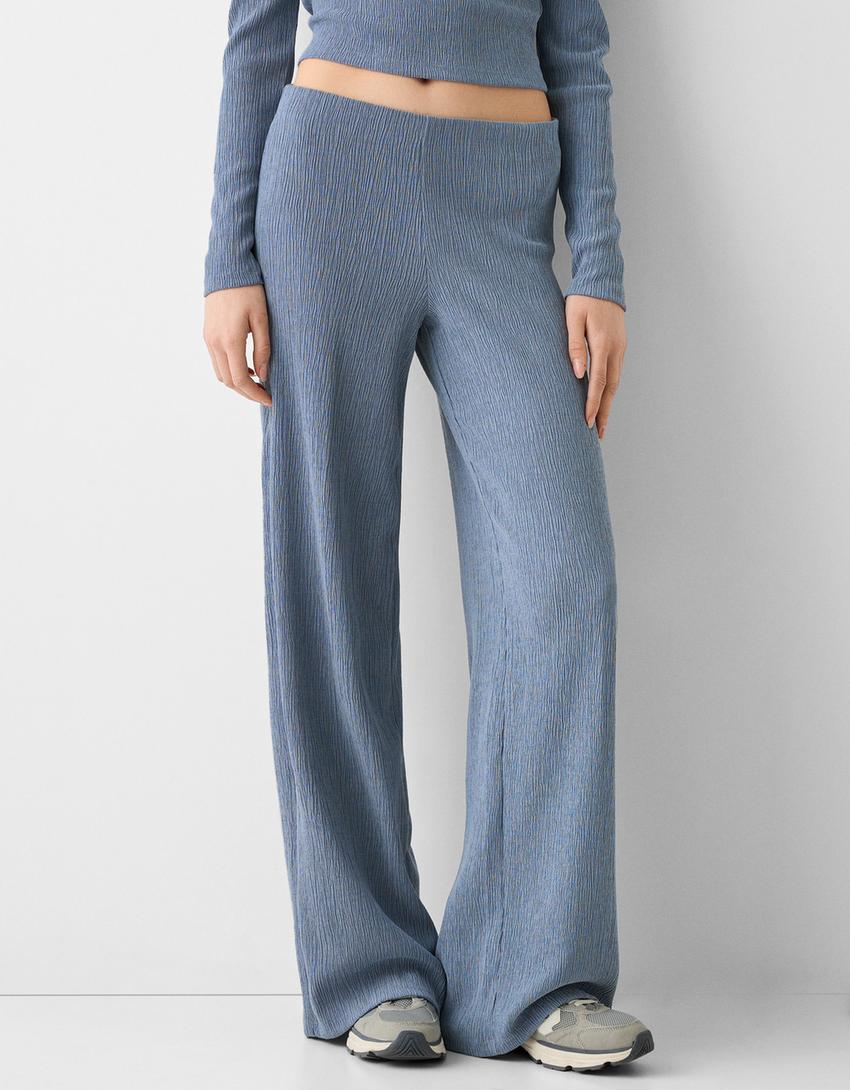 Pantalon wide leg gaufré-Bleu-1
