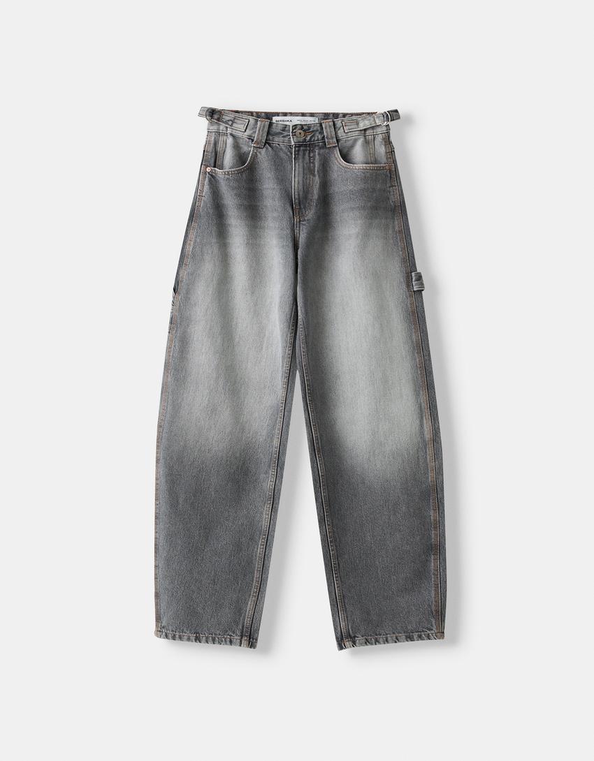 Jean balloon carpenter réglable-Gris