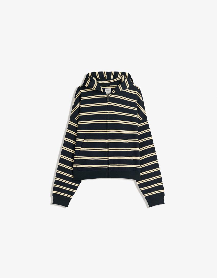 Sweat zippé à capuche à rayures-Marine