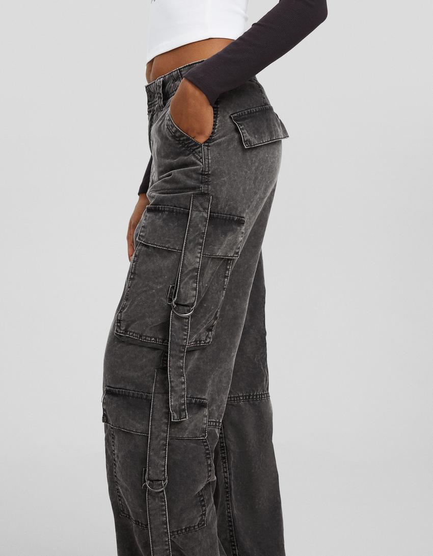 Cotton cargo trousers with straps-Grey-3