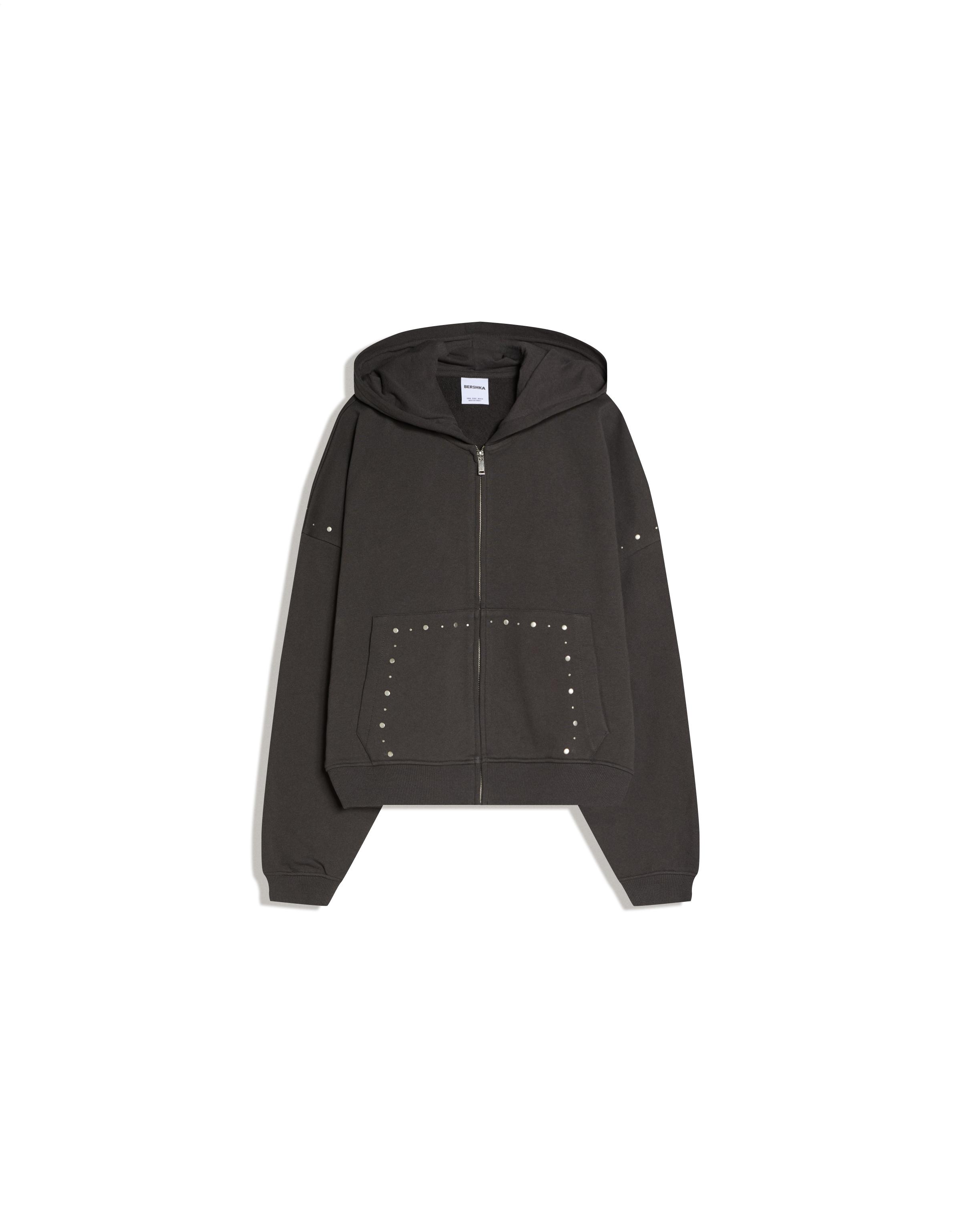 Fermuarlı kapüşonlu zımbalı sweatshirt