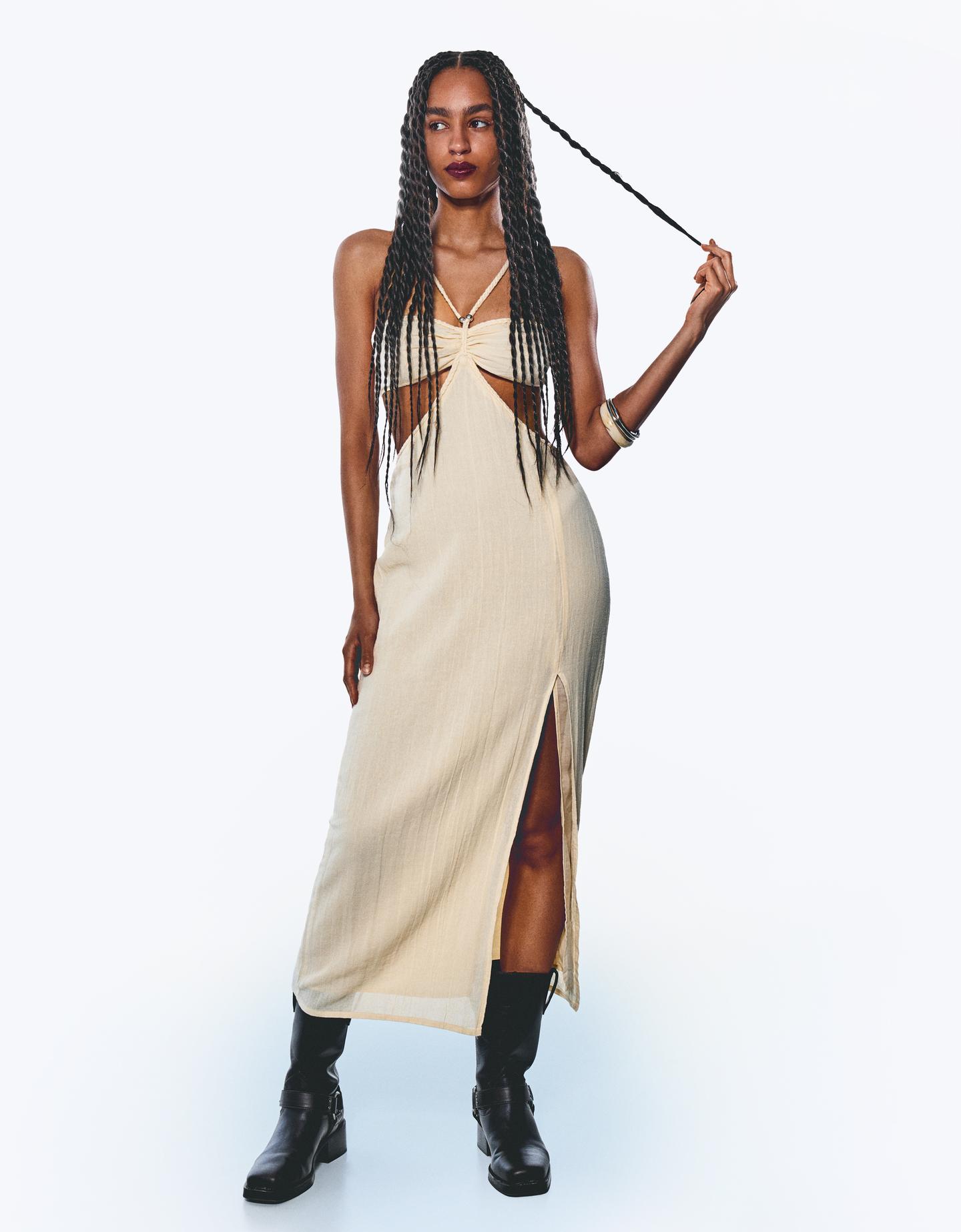 Bershka Vestido Midi Rústico Cut-Out Mujer S Crudo