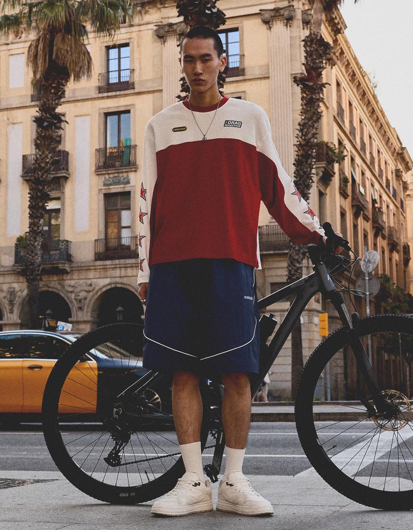 Long sleeve waffle-knit racing T-shirt-Red