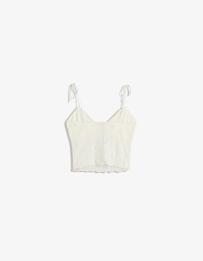 Strappy embroidered tulle top-Cream