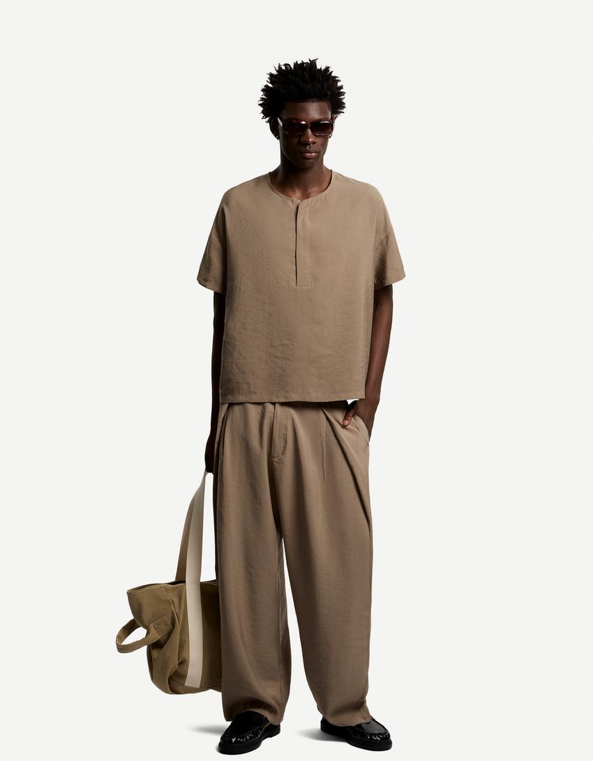 Oversize flowing short sleeve shirt-Sand-0