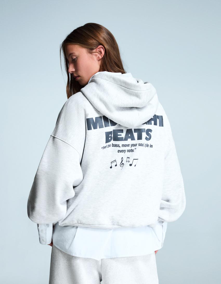 Sudadera oversize capucha print-Gris