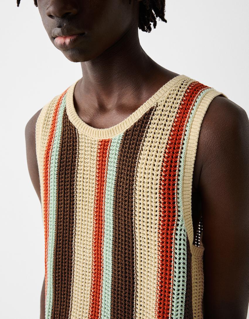 T-shirt bretelles ajours rayures-Sable-5