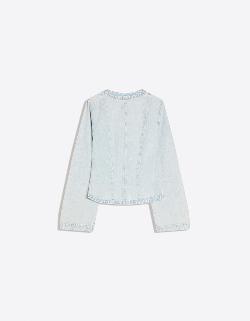 Jeansjacke mit Schößchen und Streifen-Hellblau