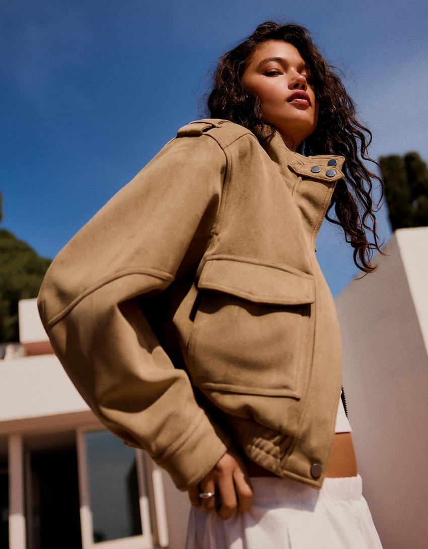 Faux suede jacket-Sand