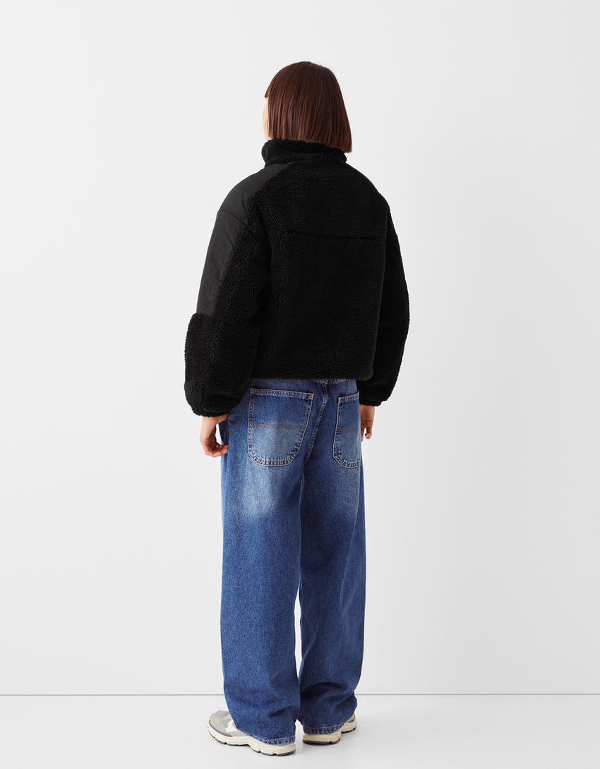 Contrast faux shearling nylon blend jacket-Black-1