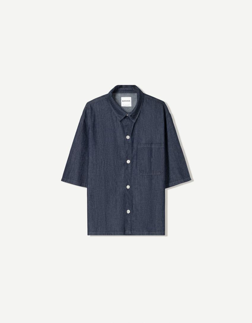 Short sleeve denim shirt-Navy-5