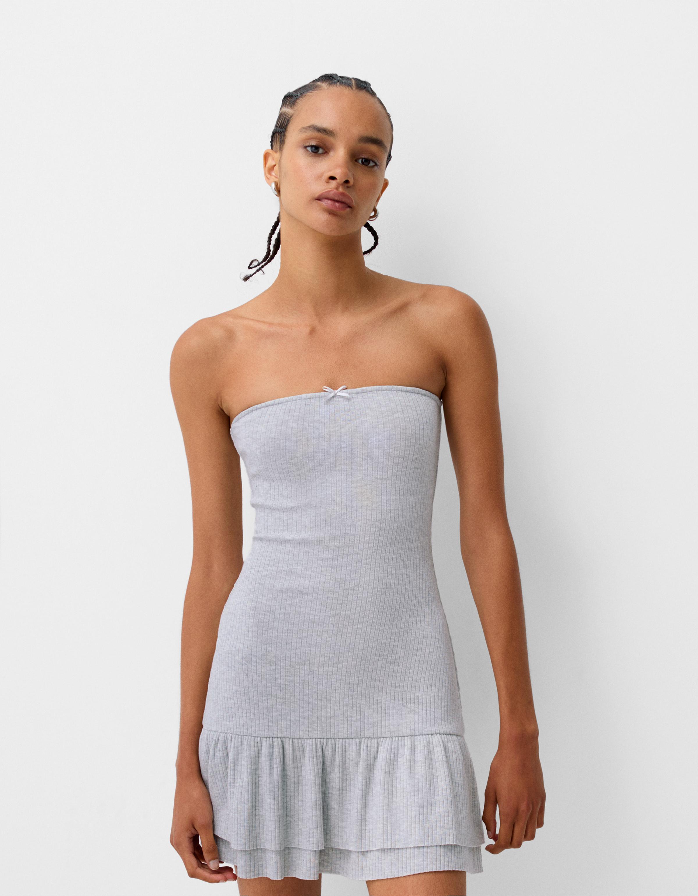 Bershka Bandeau-Minikleid Mit Volants Damen Xs Grau