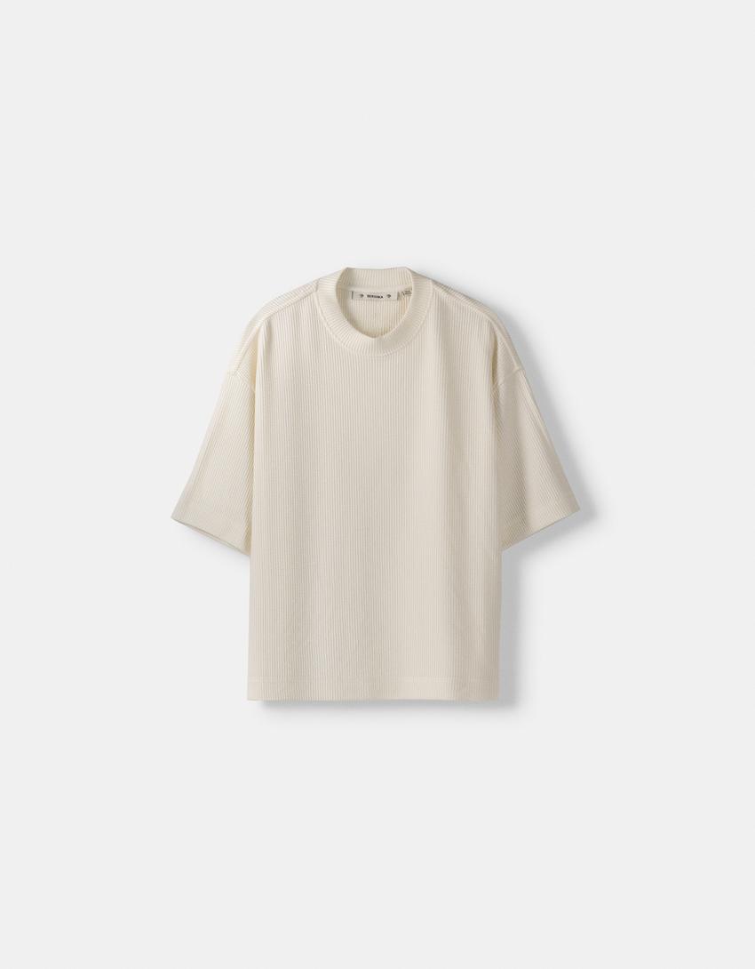 Структурирана фланелка с къс ръкав-Мръснобяло-4