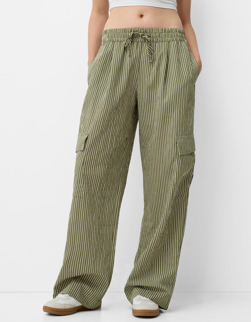 Calças cargo às riscas com cintura elástica-Caqui-1