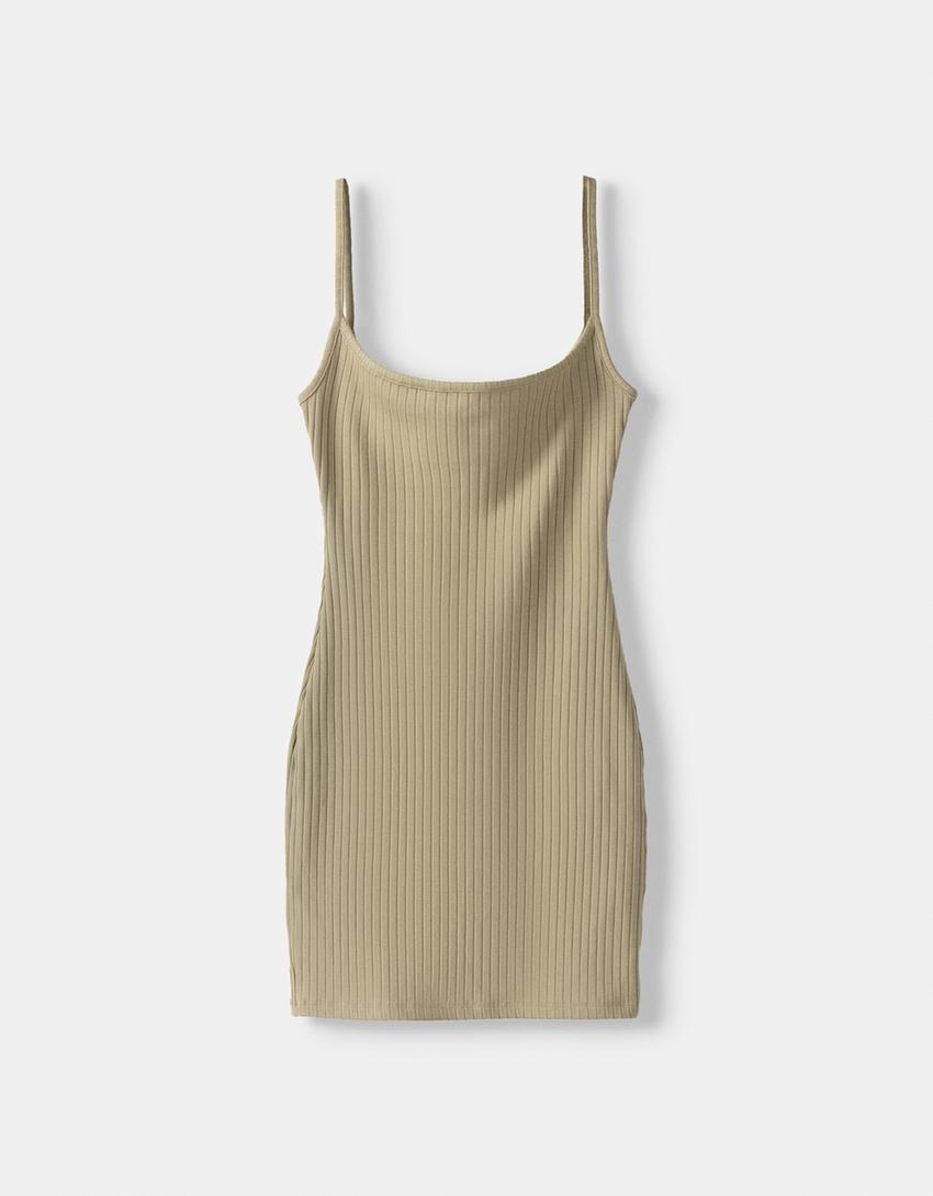 Vestido curto alças nervuras-Bege-5