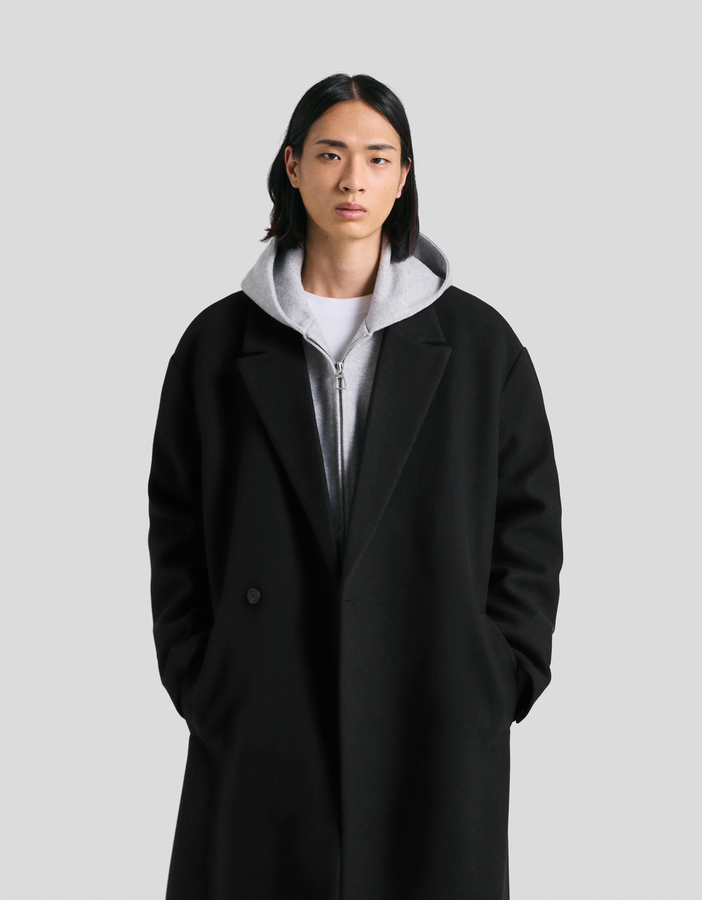 Bershka Zweireihiger Stoffmantel Herren L Schwarz