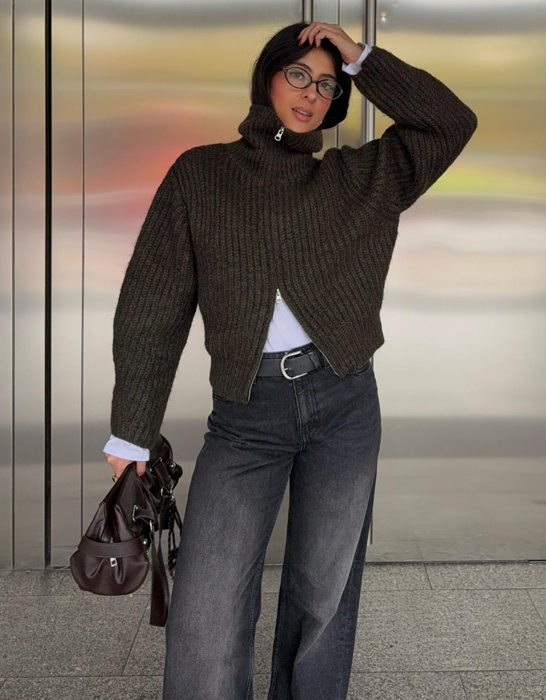 High-neck zip-up cardigan