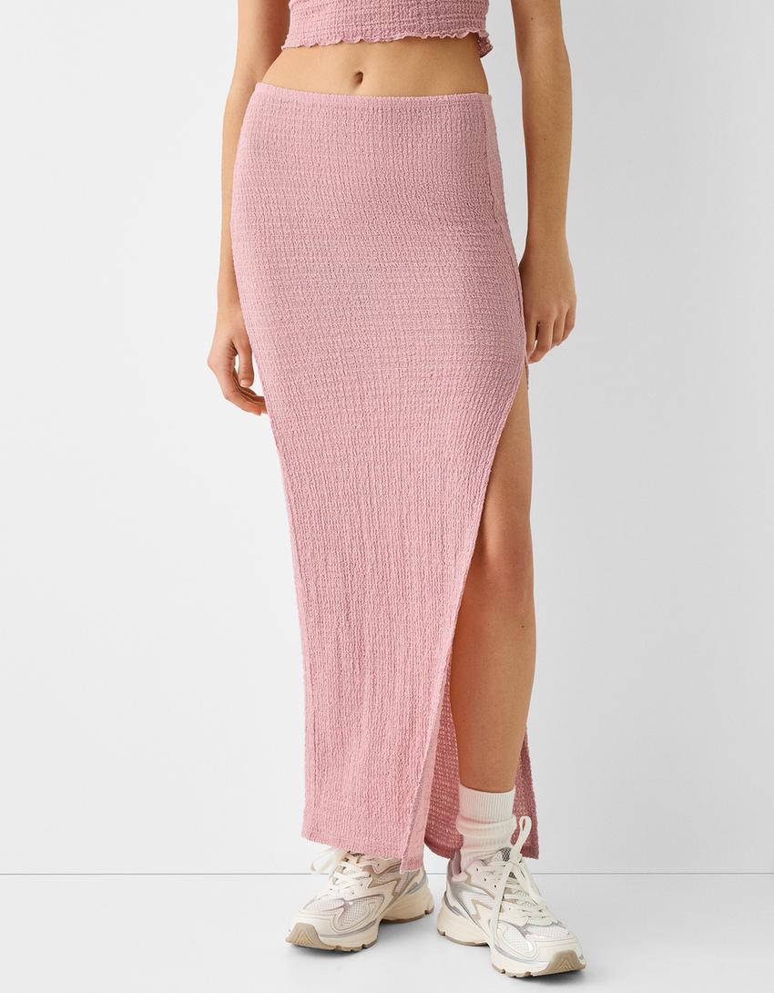 Waffle-knit midi skirt-Pink-1