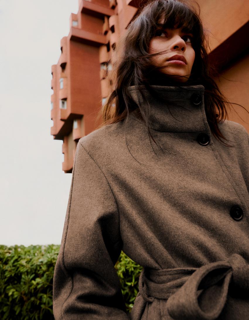 Long funnel neck belted coat-Sand