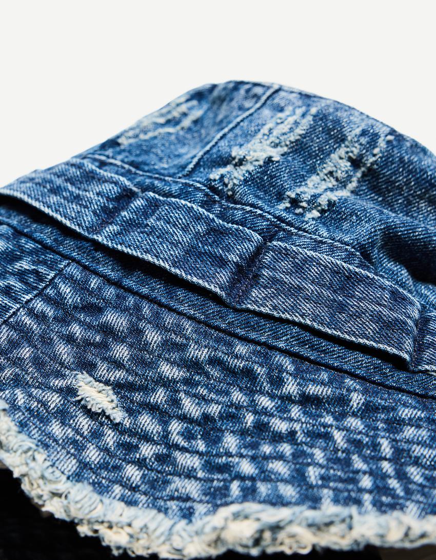 Bøllehat i denim med falmet effekt-Marineblå-2