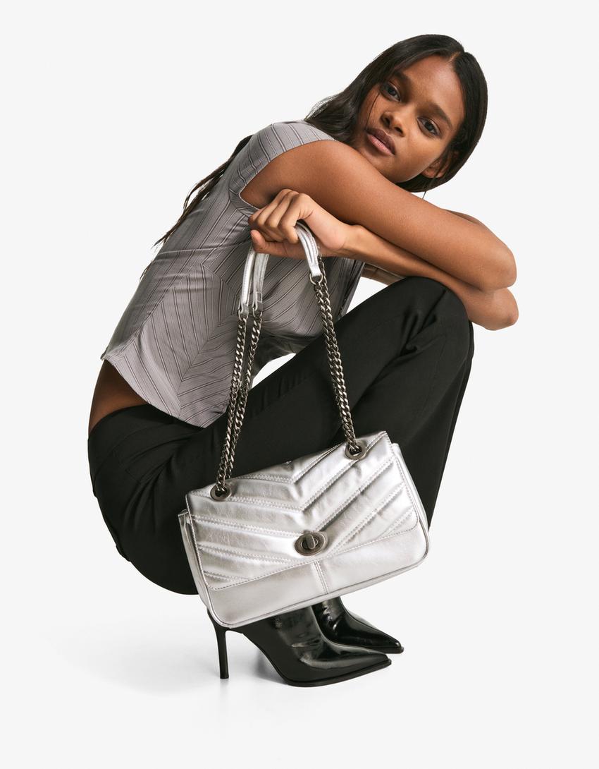 Quilted leather effect shoulder bag-Silver