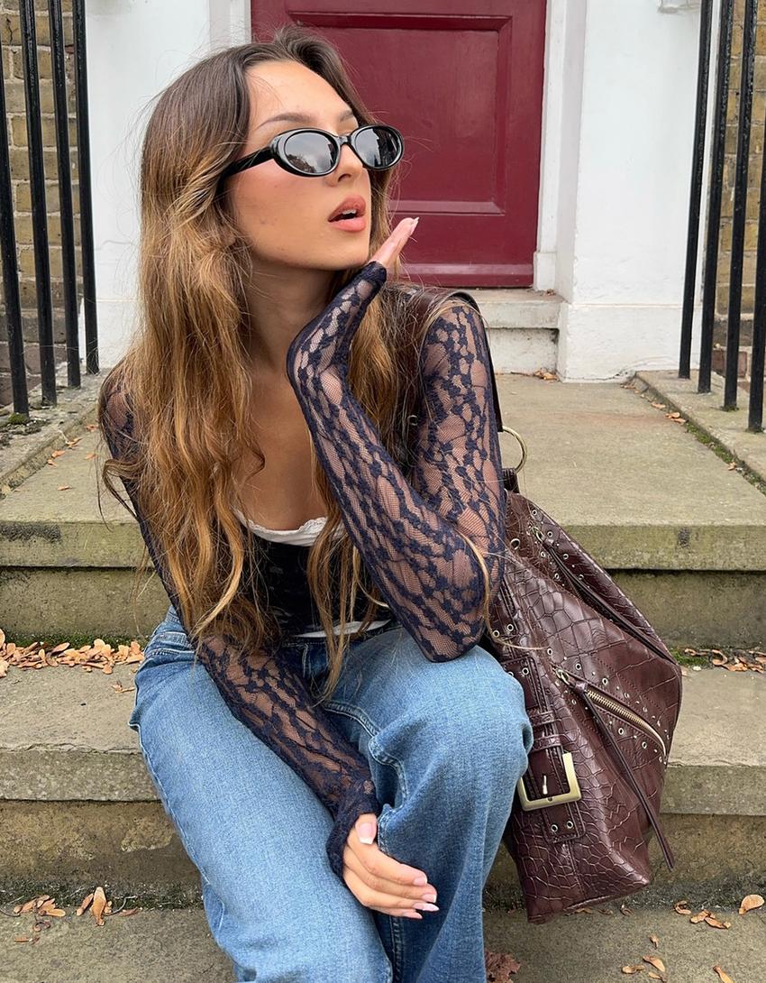 Long sleeve blonde lace T-shirt with knot-Navy