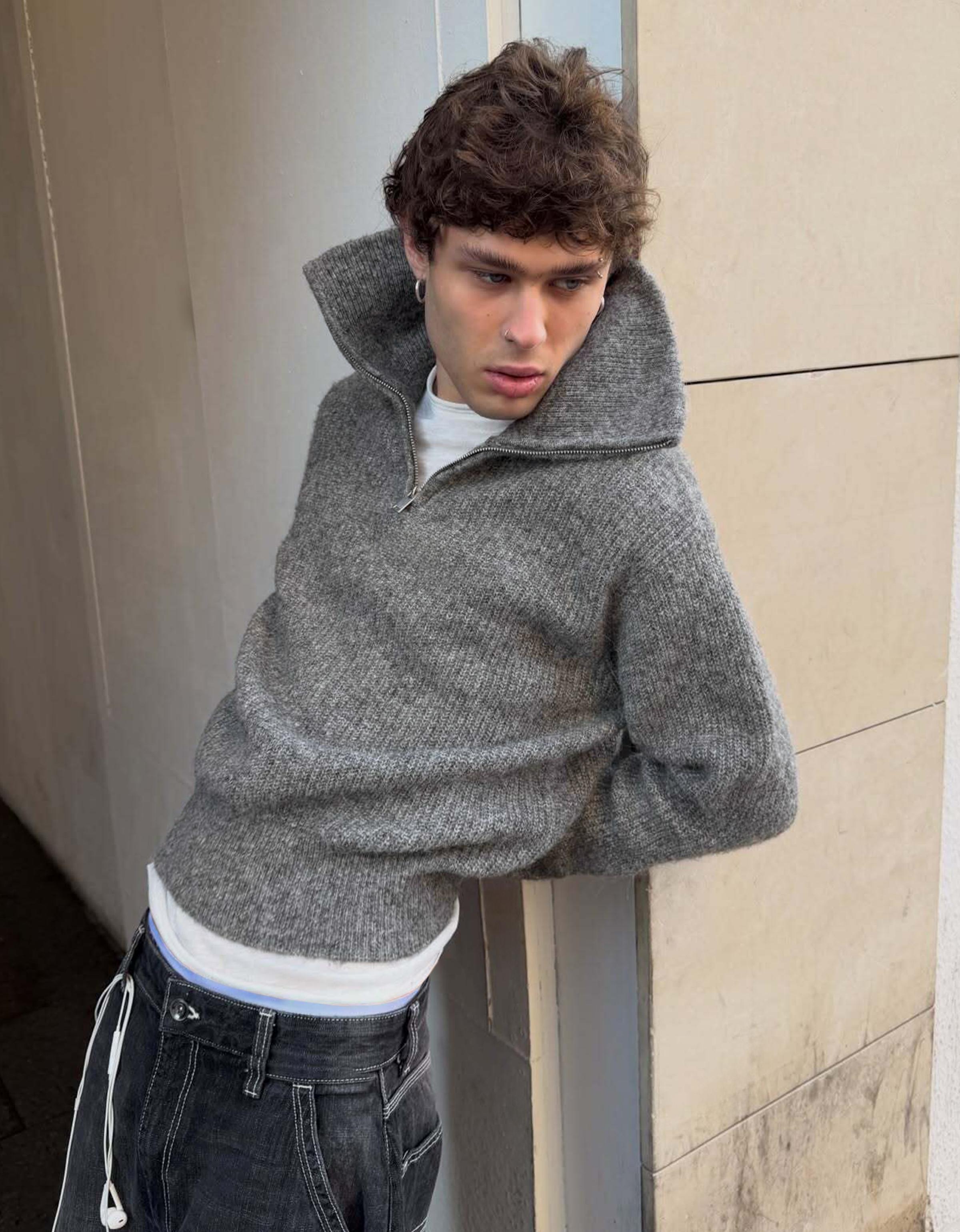 Bershka Pullover Mit Reißverschlusskragen Herren M Grau