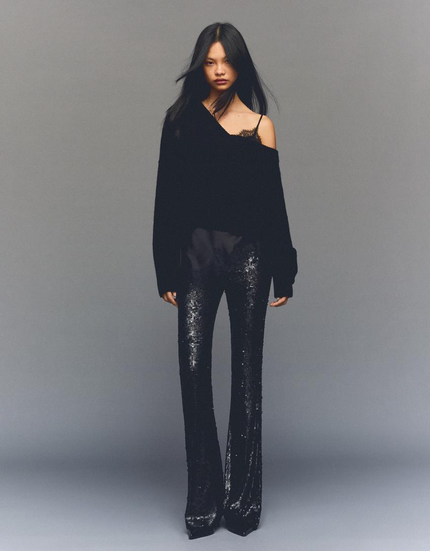 Pantalón flare lentejuelas-Negro