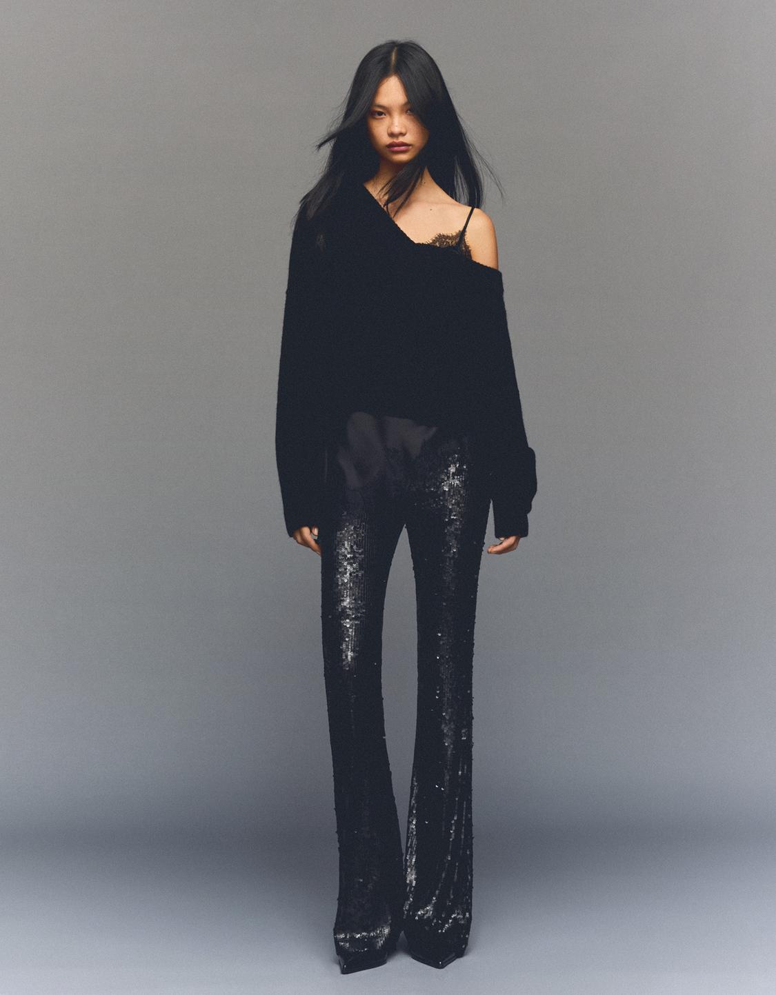 Bell bottom sequin trousers