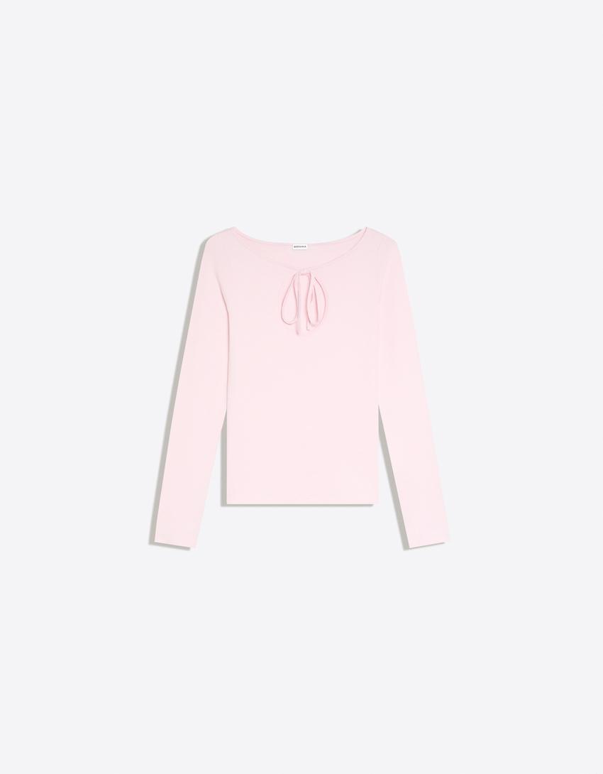 Uzun kollu, bağcıklı dekolteli tişört-Pembe
