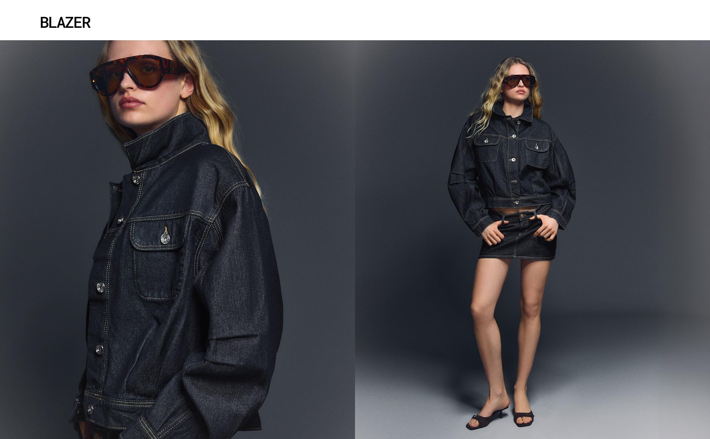 Cropped balloon denim jacket — Navy