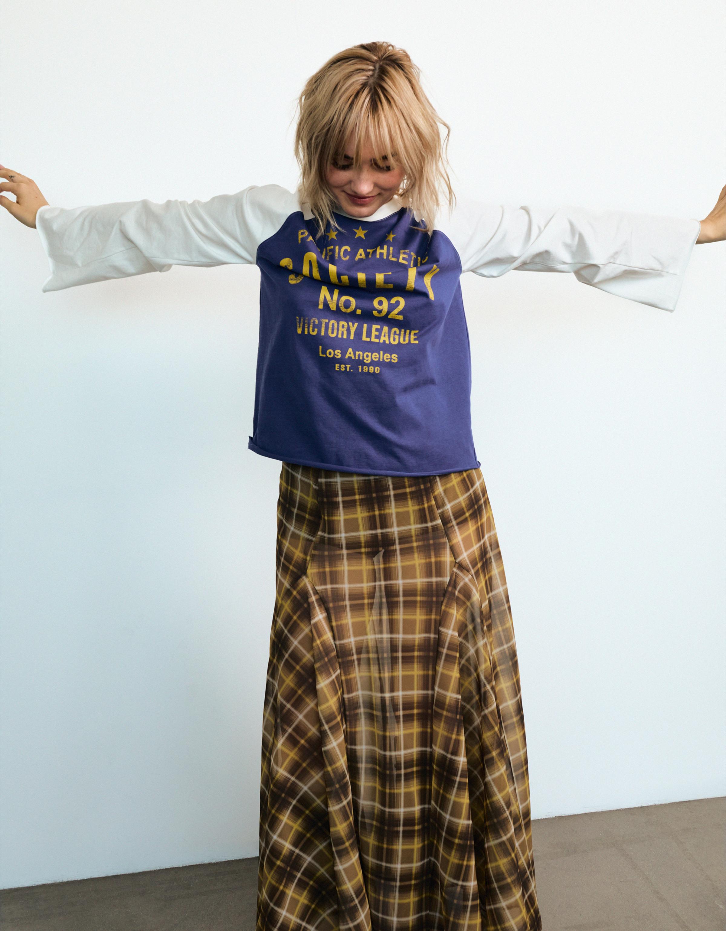 Bershka Falda Midi Fluida Cuadros Mujer L Camel