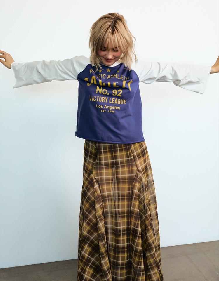 Flowy checked midi skirt — Camel