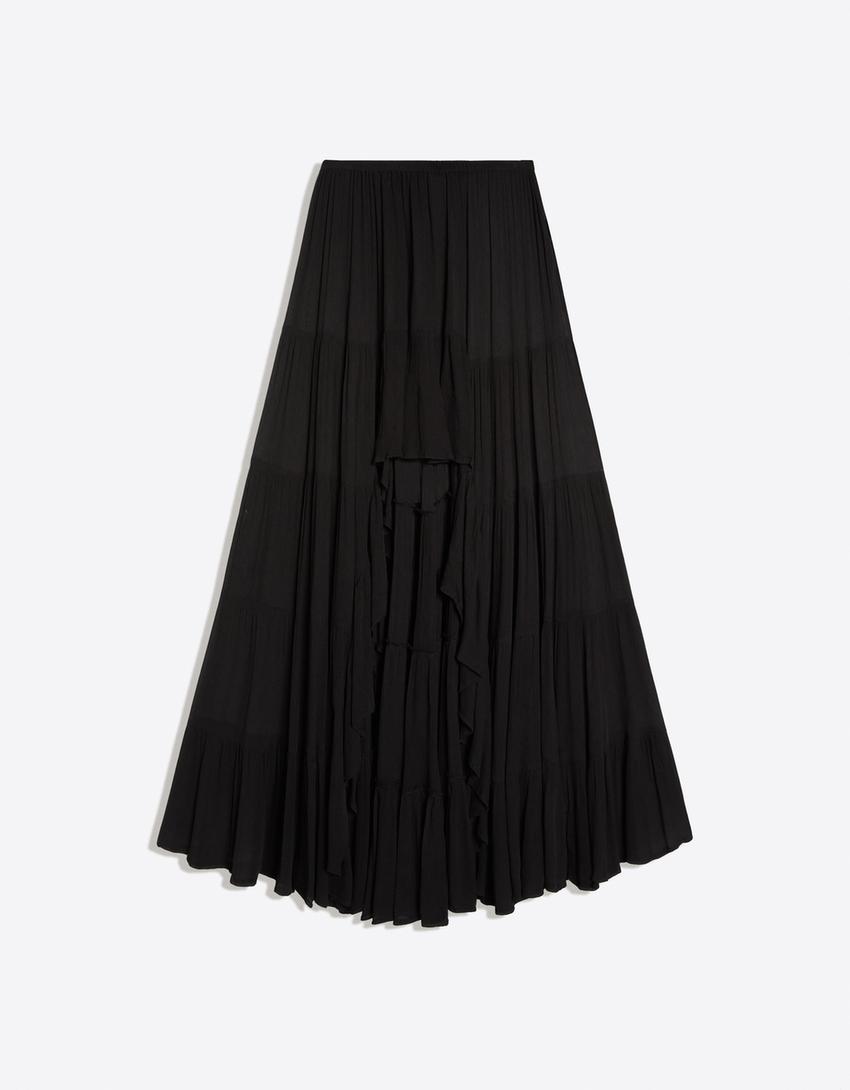 Long ruffled sheer skirt-Black