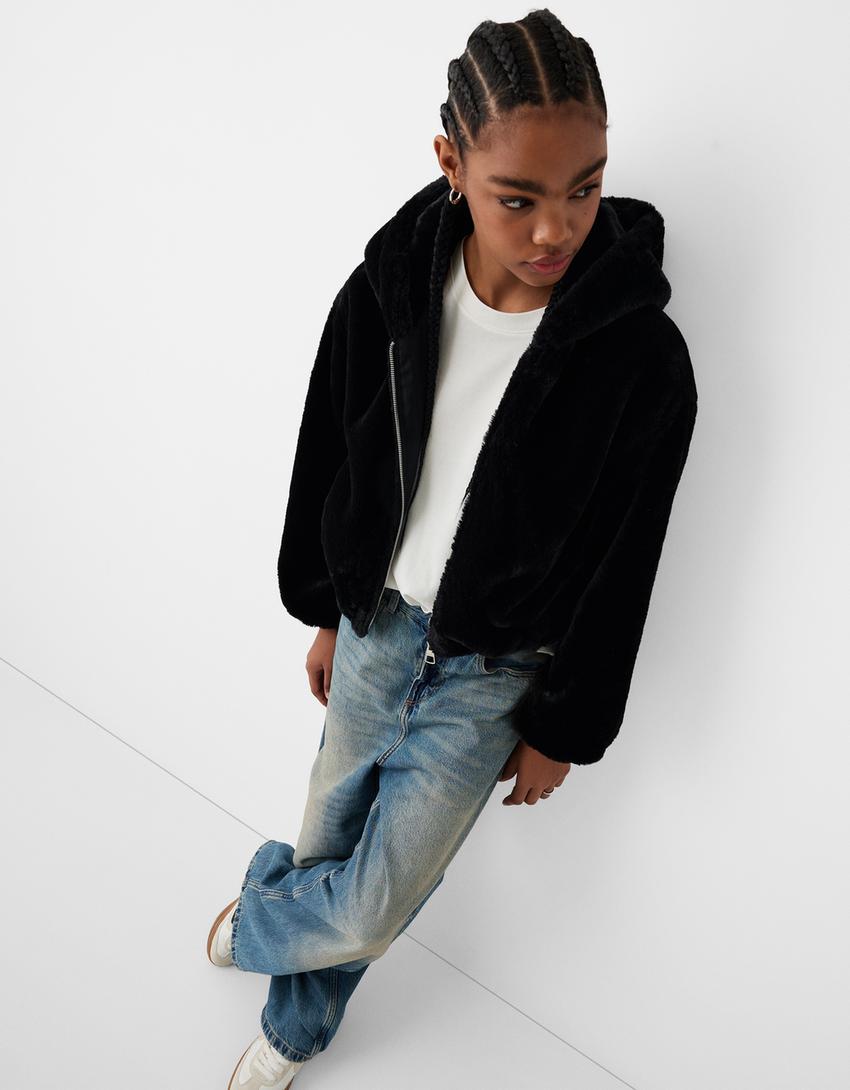 Jacket with faux fur hood-Black