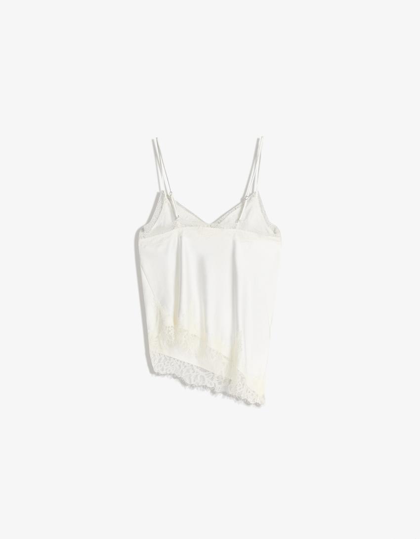 Asymmetric sateen strappy top-Cream