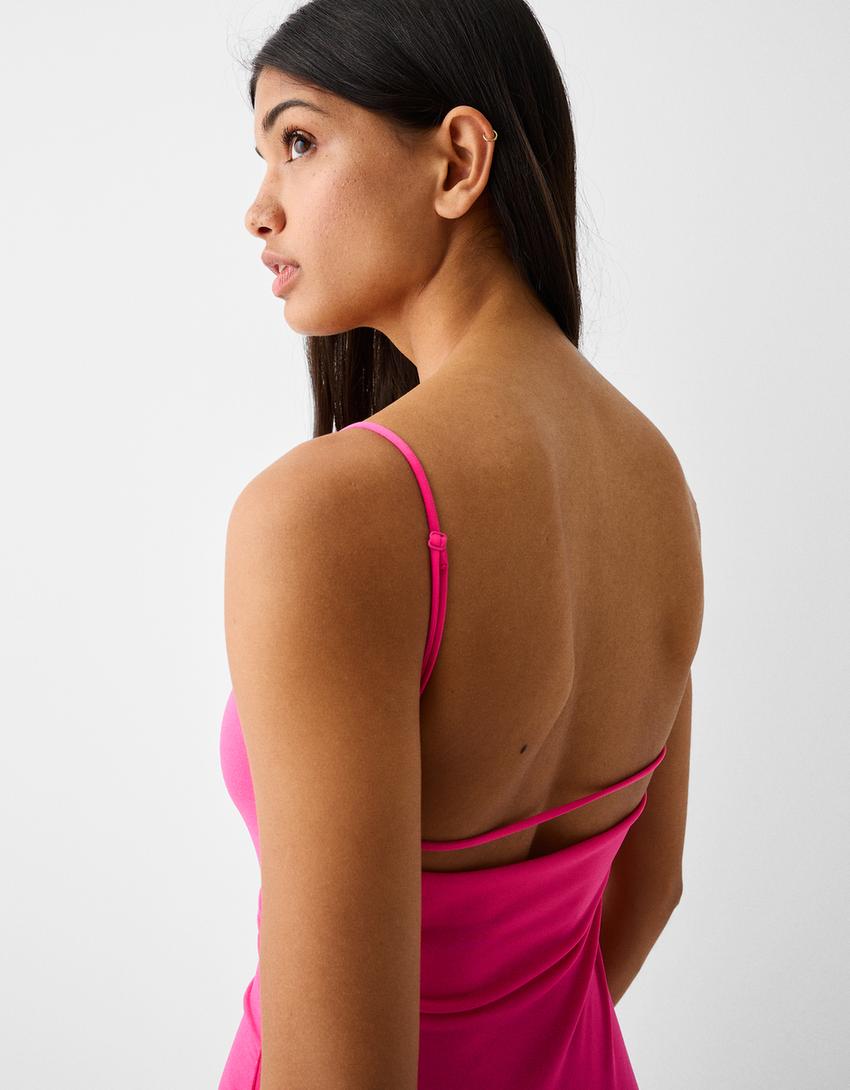 Vestido mini alças decote drapeado-Fúcsia-6