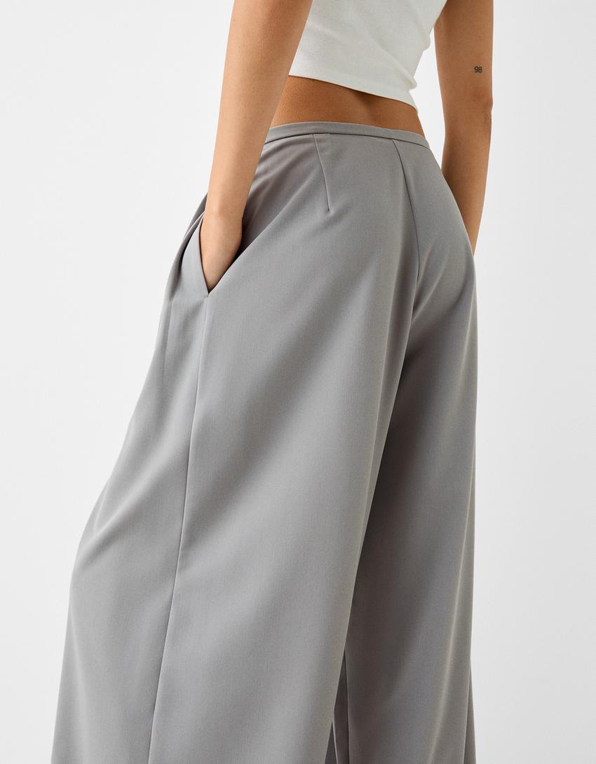 بنطال رسمي بليسيه واسع الساقين-رمادي-3