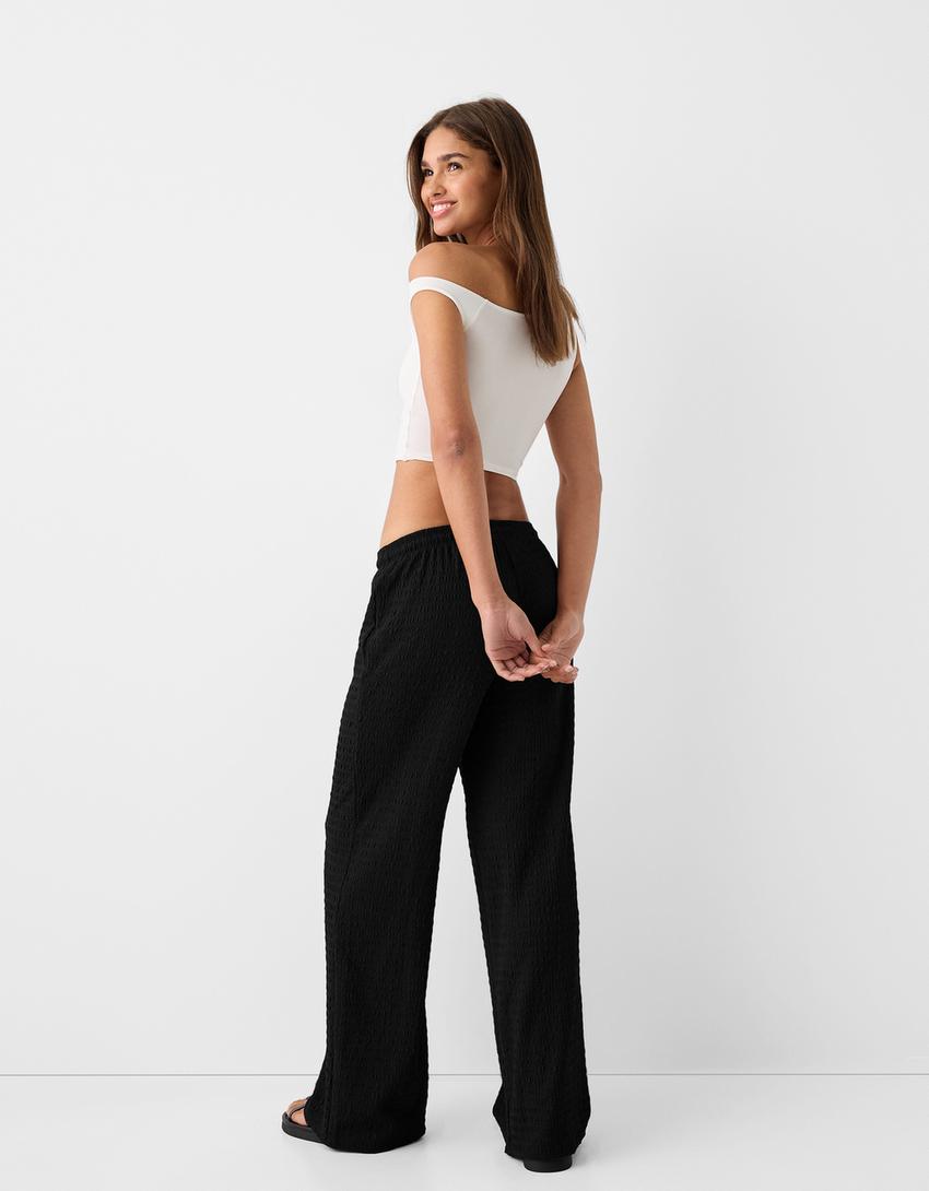 Gofre kumaş straight fit pantolon-Siyah-2