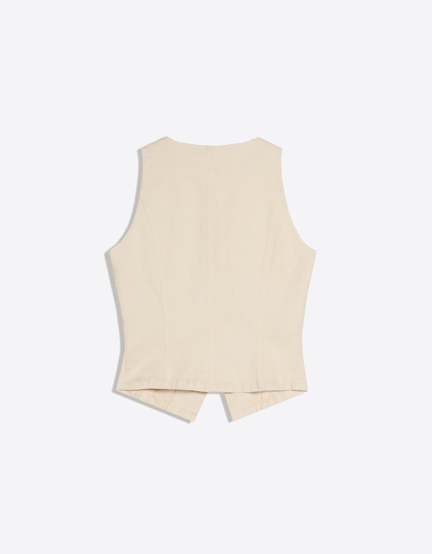 Gilet en jean détail bouton pierres fantaisie-Écru